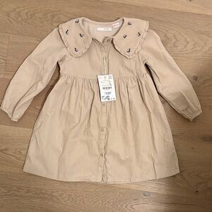 Zara Tan Kids Dress with Embroidered Collar